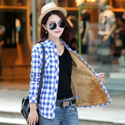 Women’s Velvet Plaid Shirt Jacket – 2025 Winter Thick Warm Casual Coat