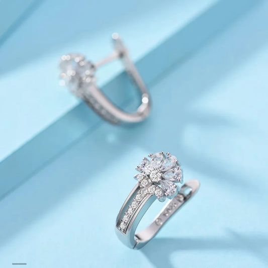 925 Sterling Silver Flower Earrings – Zircon Crystal Inlaid Fine Jewelry for Women, Engagement & Wedding Gift
