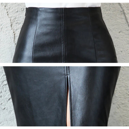 Women PU Leather Midi Skirt – Autumn Winter Elegant Pencil Skirt with Front or Back Slit