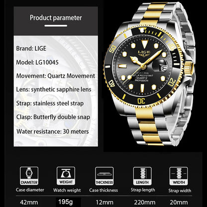 LIGE Men’s Luxury Diver Watch – Waterproof Sport Quartz Wristwatch with Date DisplayMen’s Sport Quartz Watch