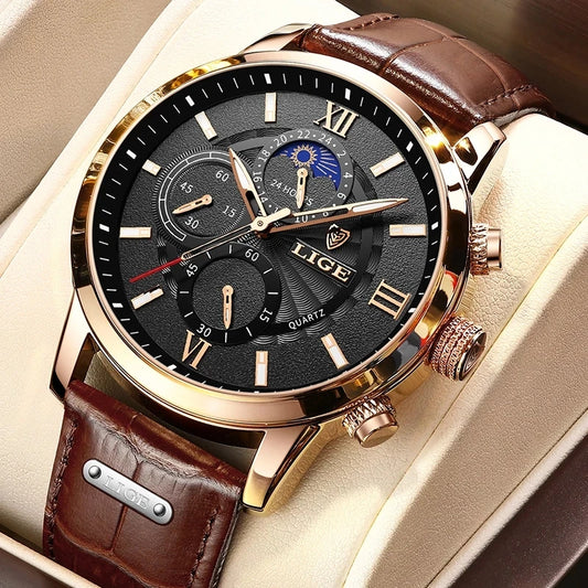 LIGE 2025 Men’s Luxury Leather Quartz Watch – Sport Waterproof Casual Wristwatch with Gift Box