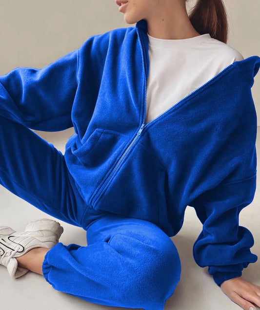 2025 Casual Women Fleece Hoodie Two-Piece Set – Hooded Zipper Outerwear & Harem Pants Suit | Winter Fashion Streetwear Tracksuit