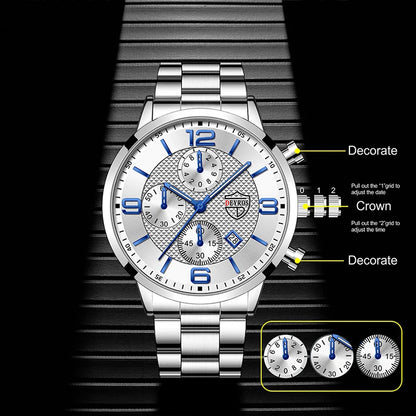 Luxury Business Men’s Watch – Stainless Steel & Leather Quartz Wristwatch with Calendar and Luminous Display