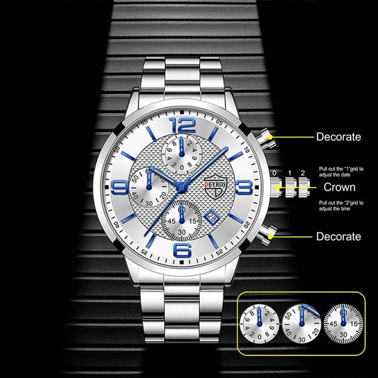 Luxury Business Men’s Watch – Stainless Steel & Leather Quartz Wristwatch with Calendar and Luminous Display