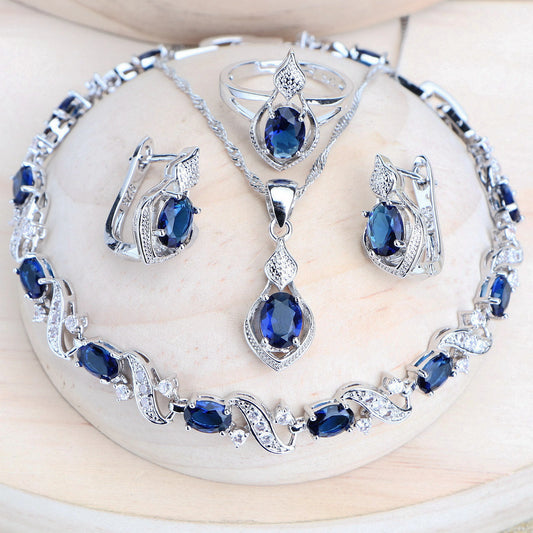 Women’s 925 Sterling Silver Blue Cubic Zirconia Bridal Jewelry Set – Wedding Earrings, Rings, Bracelet & Necklaceblue zirconia, sterling silver jewelry, bridal jewelry set, wedding accessories
