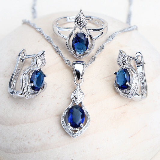 Women’s 925 Sterling Silver Blue Cubic Zirconia Bridal Jewelry Set – Wedding Earrings, Rings, Bracelet & Necklaceblue zirconia, sterling silver jewelry, bridal jewelry set, wedding accessories