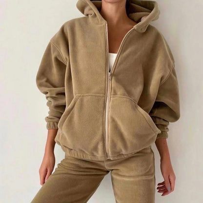 2025 Casual Women Fleece Hoodie Two-Piece Set – Hooded Zipper Outerwear & Harem Pants Suit | Winter Fashion Streetwear Tracksuit