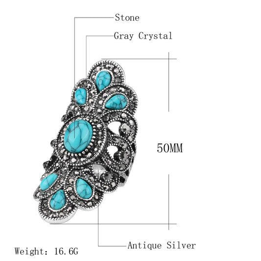 Fashion Ethnic Peacock Statement Ring – Vintage Blue Stone & Black Crystal Silver Color Bohemian Jewelry for Women
