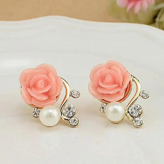 Gold Rose Pearl Stud Earrings – Elegant Brand Design Women’s Jewelry, Classic 2017 Fashion Accessories Orecchini Perlas