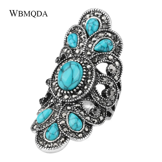 Fashion Ethnic Peacock Statement Ring – Vintage Blue Stone & Black Crystal Silver Color Bohemian Jewelry for Women