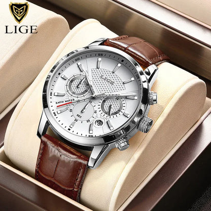 LIGE 2025 Men’s Luxury Leather Quartz Watch – Sport Waterproof Casual Wristwatch with Gift Box