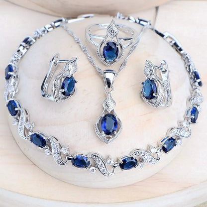 Women’s 925 Sterling Silver Blue Cubic Zirconia Bridal Jewelry Set – Wedding Earrings, Rings, Bracelet & Necklaceblue zirconia, sterling silver jewelry, bridal jewelry set, wedding accessories