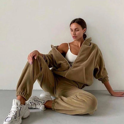 Women’s Casual Fleece Hoodie Set – Zipper Hooded Jacket & Harem Pants | Fall Winter Streetwear Tracksuit 2025