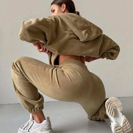 2025 Casual Women Fleece Hoodie Two-Piece Set – Hooded Zipper Outerwear & Harem Pants Suit | Winter Fashion Streetwear Tracksuit