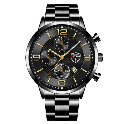 Luxury Business Men’s Watch – Stainless Steel & Leather Quartz Wristwatch with Calendar and Luminous Display