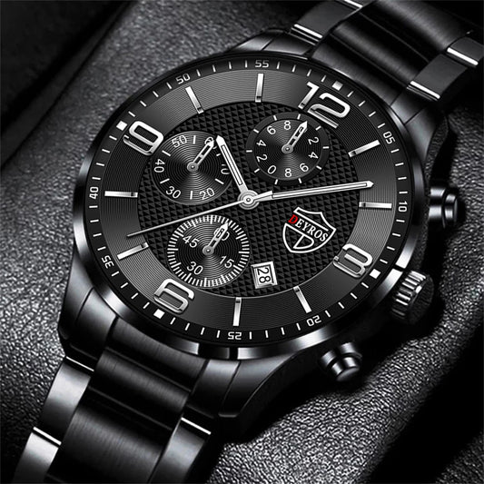 Luxury Business Men’s Watch – Stainless Steel & Leather Quartz Wristwatch with Calendar and Luminous Display