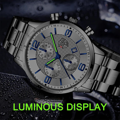 Luxury Business Men’s Watch – Stainless Steel & Leather Quartz Wristwatch with Calendar and Luminous Display