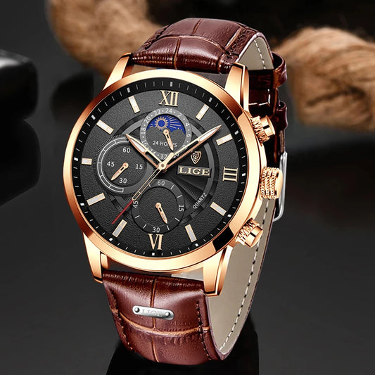 LIGE 2025 Men’s Luxury Leather Quartz Watch – Sport Waterproof Casual Wristwatch with Gift Box