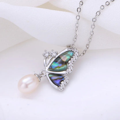 Natural Freshwater Pearl & Abalone Shell Butterfly Jewelry Set – Necklace, Earrings & Ring for Wedding and Fine Fashion