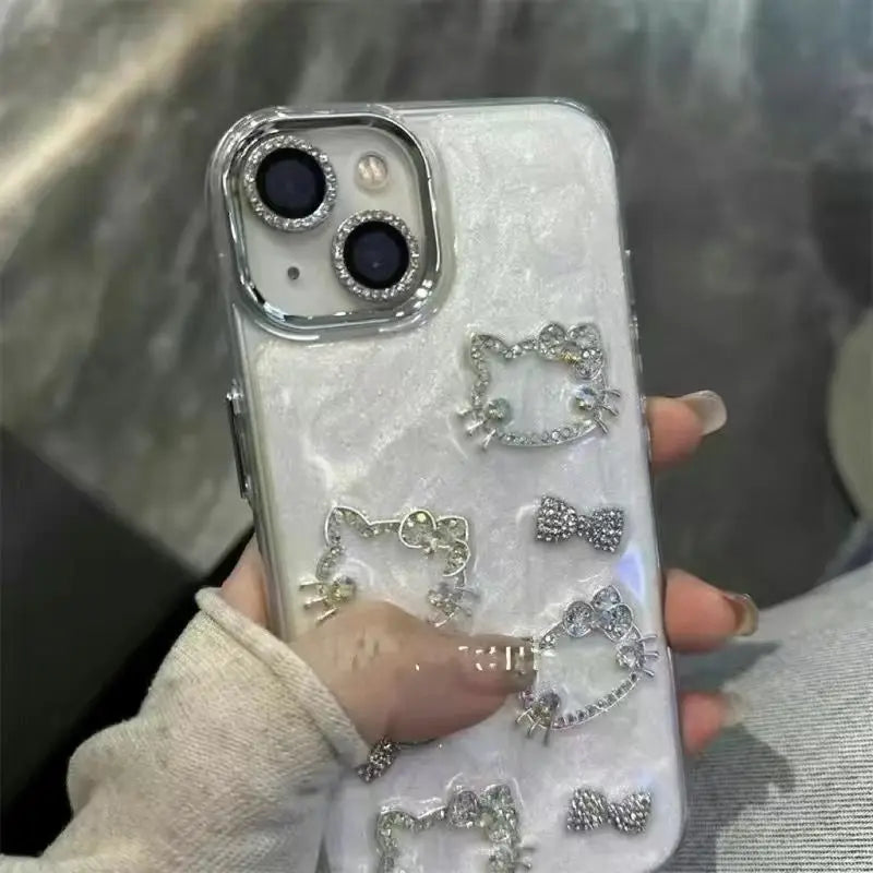 Hello Kitty Anime Diamond Three-dimensional Chain Phone Case for IPhone 11 12 13 14 15 Pro Max Plus 16Pro Shockproof Cover Gifts