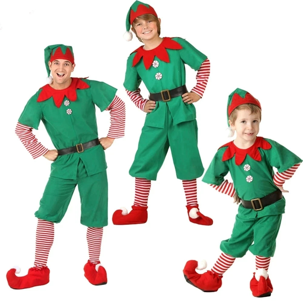 2025 New Christmas Children's and Adult Christmas Elf Costumes, Santa Claus Green Elf Costumes, Cosplay Halloween Costume Set