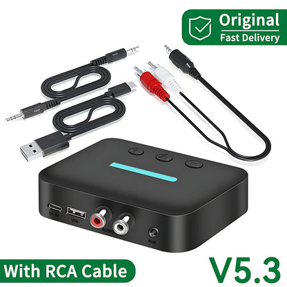 USB Bluetooth 5.3 Audio Receiver – Wireless Stereo Music Adapter, 3.5mm AUX & RCA, U-Disk Playback for Desktop Speakers & Amplifiers