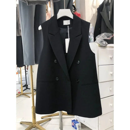 Women’s Sleeveless Black Blazer Vest – Peak Lapel Oversize Suit Coat | 2025 Elegant Korean OL Style Fashion Blazer