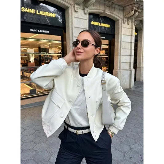 Women’s Cropped Bomber Jacket – MUJER 2025 White Button Long-Sleeve Autumn/Winter Coat