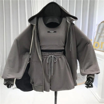 Women’s 3-Piece Casual Activewear Set – Hoodie, Drawstring Shorts & Vest | Sportswear & Lounge Outfit