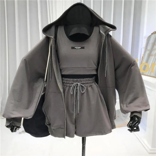 Women’s 3-Piece Casual Activewear Set – Hoodie, Drawstring Shorts & Vest | Sportswear & Lounge Outfit