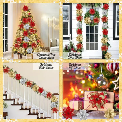 Christmas Glitter Artificial Flowers Christmas Tree Hanging Ornaments Fake Flower for Home 2025 Xmas New Year 2026 Navidad Gift