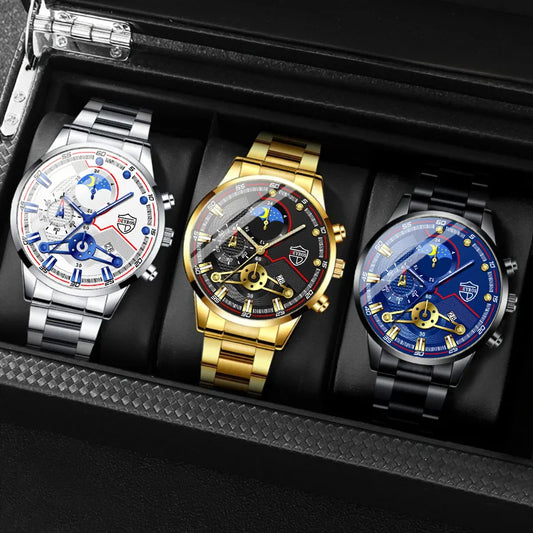 Men’s Luxury 3-Piece Stainless Steel Quartz Watch – Business & Sport Full Calendar Wristwatch