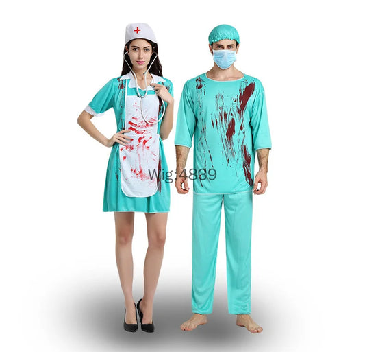 2025 Halloween Adult Cosplay Horror Costume – Bloody Doctor & Nurse Outfit for Men and Women, Masquerade Party Game Costume