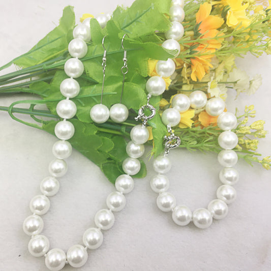 12mm White Sea Shell Pearl Jewelry Set – Necklace, Bracelet & Earrings with Natural Stone Beads for Women