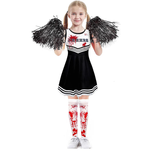 2025 Halloween Kids Costume – Scary Blood Cosplay Cheerleader Dress with Hand Flower Props for Girls
