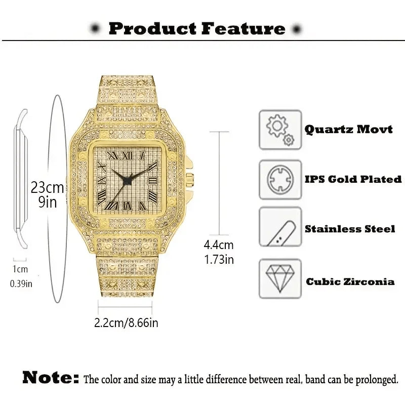 Classic Luxury Men’s Square Rhinestone Quartz Watch – Business Stainless Steel Roman Scale Wristwatch