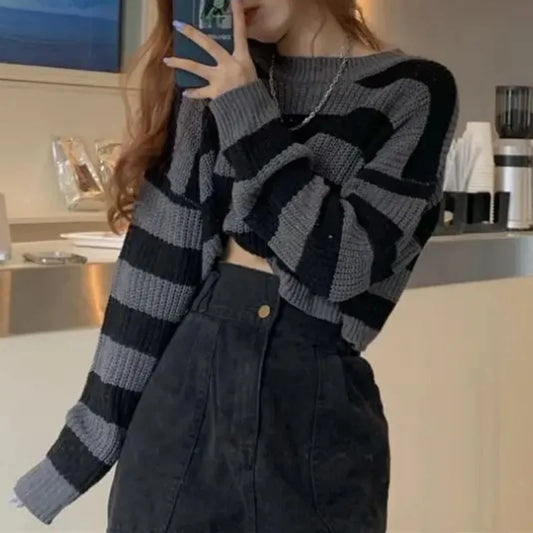 Women’s Striped Cropped Sweater – Korean Vintage Oversized Knit Jumper