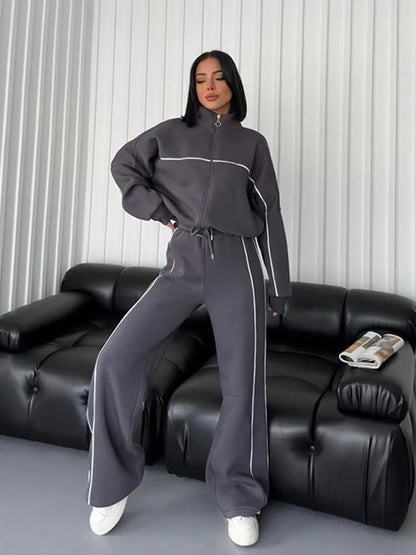 Women’s 2-Piece Tracksuit Set – Long Sleeve Half High Collar Cardigan Sweater & Trousers Casual Sportswear