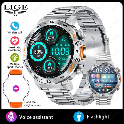 LIGE 2025 Smart Watch for Men – 360×360 AMOLED HD Display Waterproof Fitness Smartwatch with Flashlight (Android & iOS Compatible)