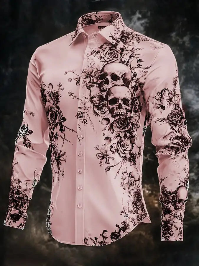 2025 Halloween Men’s Costume Shirt – Skull Print Button-Up Long Sleeve Casual Dress Shirt, Dark Gothic Style