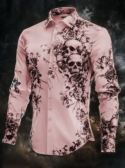 2025 Halloween Men’s Costume Shirt – Skull Print Button-Up Long Sleeve Casual Dress Shirt, Dark Gothic Style