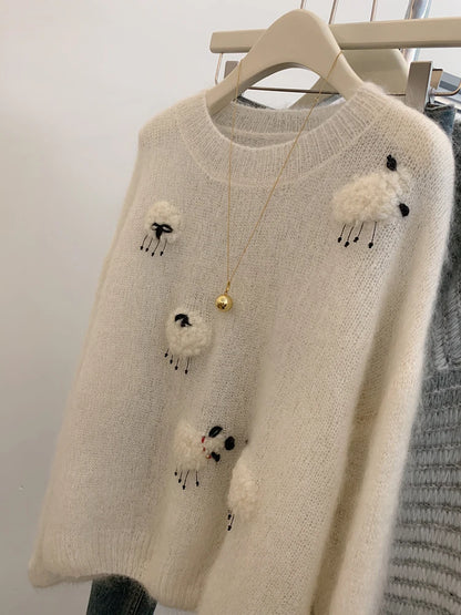 Women’s White Knit Sweater – Cute Animal Woolen Pullover | 2025 Autumn Winter Korean Fashion