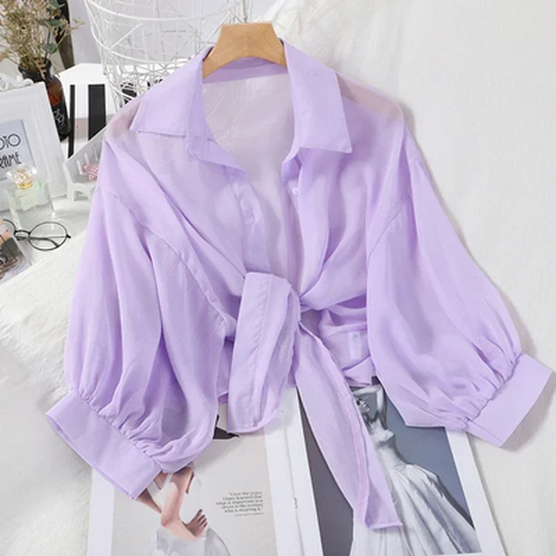 Women’s Elegant White Chiffon Blouse – Loose Fit Tied Waist Hollow Design Bat Sleeve Summer Shirt