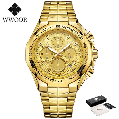 WWOOR Men’s Luxury Gold Chronograph Watch – Big Dial Waterproof Quartz Wristwatch