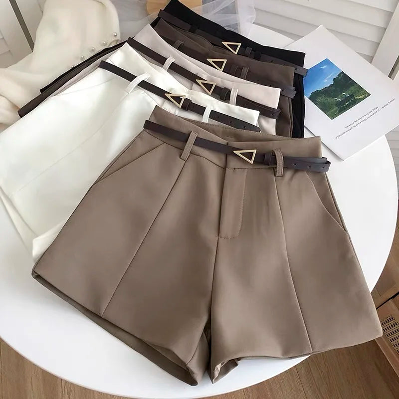 Women Casual A-line High Waist Shorts with Belt – Chic Office Lady Vintage Style Trousers for Spring & Summer