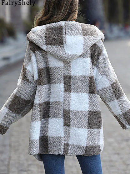 Women’s Plush Hooded Plaid Coat – Elegant Thick Two-Sided Long Winter Jacket 2025