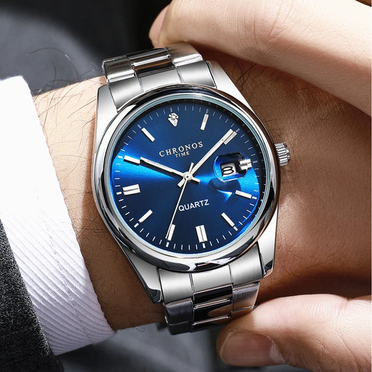CHRONOS Luxury Men’s Stainless Steel Quartz Watch – Waterproof Luminous Date Wristwatch