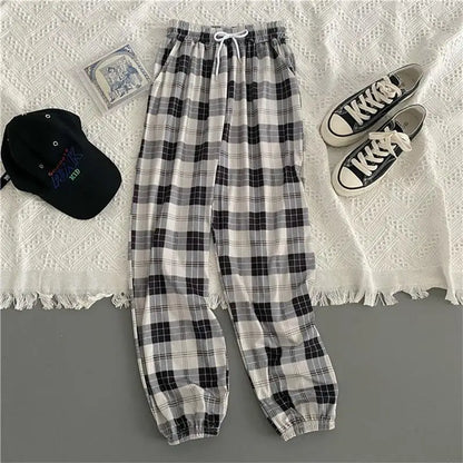 Women’s Korean Plaid Casual Pants – Loose Harajuku Harem Trousers | Summer Streetwear Fashion for Students