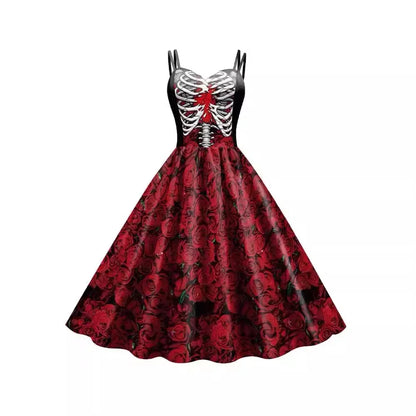 2025 Halloween Women’s Skull Print Halter Dress – Sleeveless Tunic Vintage Party Dress, Gothic Masquerade Vestido