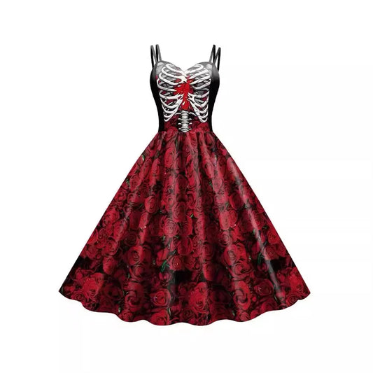 2025 Halloween Women’s Skull Print Halter Dress – Sleeveless Tunic Vintage Party Dress, Gothic Masquerade Vestido